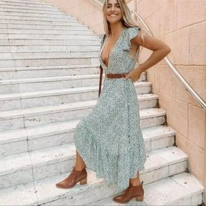 KIVARI Baby Leopard Tie Side Midi Dress Sz Xs sage